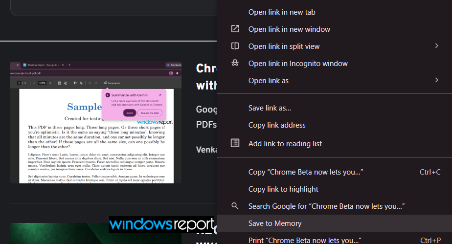 جوجل تختبر ميزة Save to Memory في Chrome Canary لالتقاط النص من الويب وتنظيمه وتحميله لاحقاً