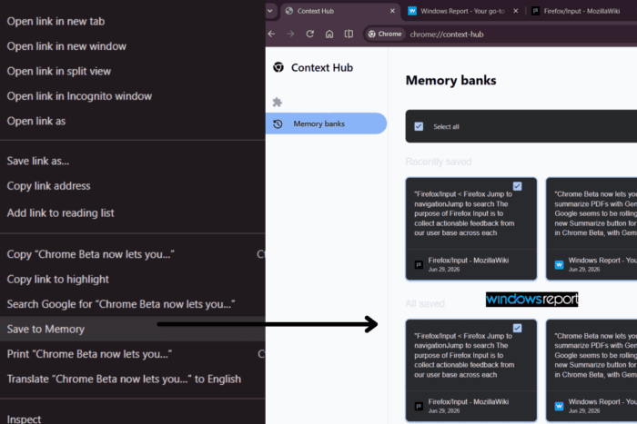 جوجل تختبر ميزة Save to Memory في Chrome Canary لالتقاط النص من الويب وتنظيمه وتحميله لاحقاً
