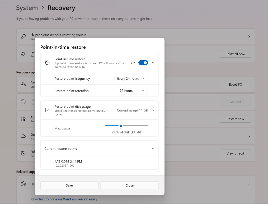 التوفر العام لميزة Point-in-Time Restore في Windows 11 يتيح استعادة الجهاز إلى حالة سابقة خلال دقائق
