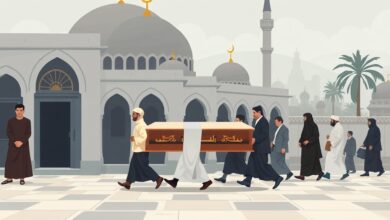 بوجه شاحب وحزين.. تامر حسني يشيّع جثمان والده وينهي مراسم الجنازة