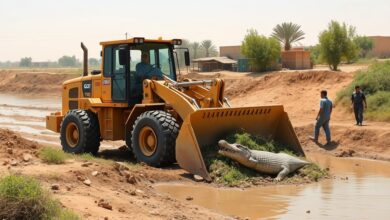 معدات ثقيلة تقود تمشيط مصرف حوض الجنينة في أبوالنمرس للبحث عن تمساح