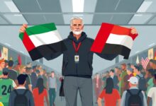 حسام حسن يحمل العلمين المصري والفلسطيني خلال الاستعدادات الأخيرة في مطار العلمين لاستقبال بعثة المنتخب