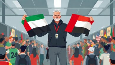 حسام حسن يحمل العلمين المصري والفلسطيني خلال الاستعدادات الأخيرة في مطار العلمين لاستقبال بعثة المنتخب