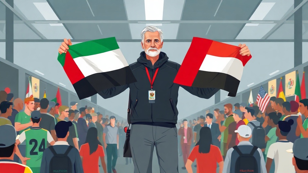 حسام حسن يحمل العلمين المصري والفلسطيني خلال الاستعدادات الأخيرة في مطار العلمين لاستقبال بعثة المنتخب