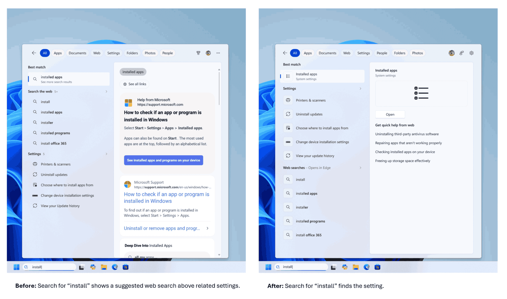 تعلن مايكروسوفت عن تحسينات في Windows Search ضمن Windows 11 لجعل البحث أسرع وأكثر وضوحاً وتقليل التشتيت، مع دعم نتائج محلية أعلى وتخفيف