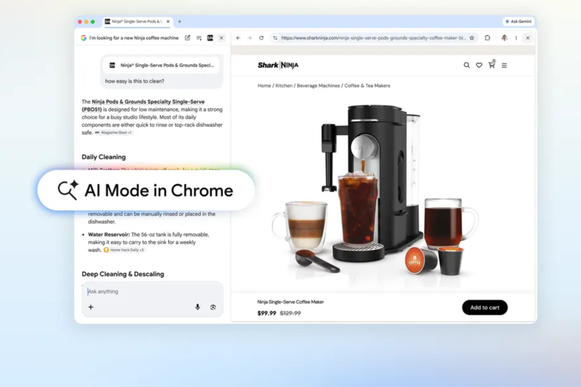 كروم يختبر اختصاراً لإدارة اتصال وضع Google Search AI Mode مع تطبيقات Google Workspace في إصدار Canary