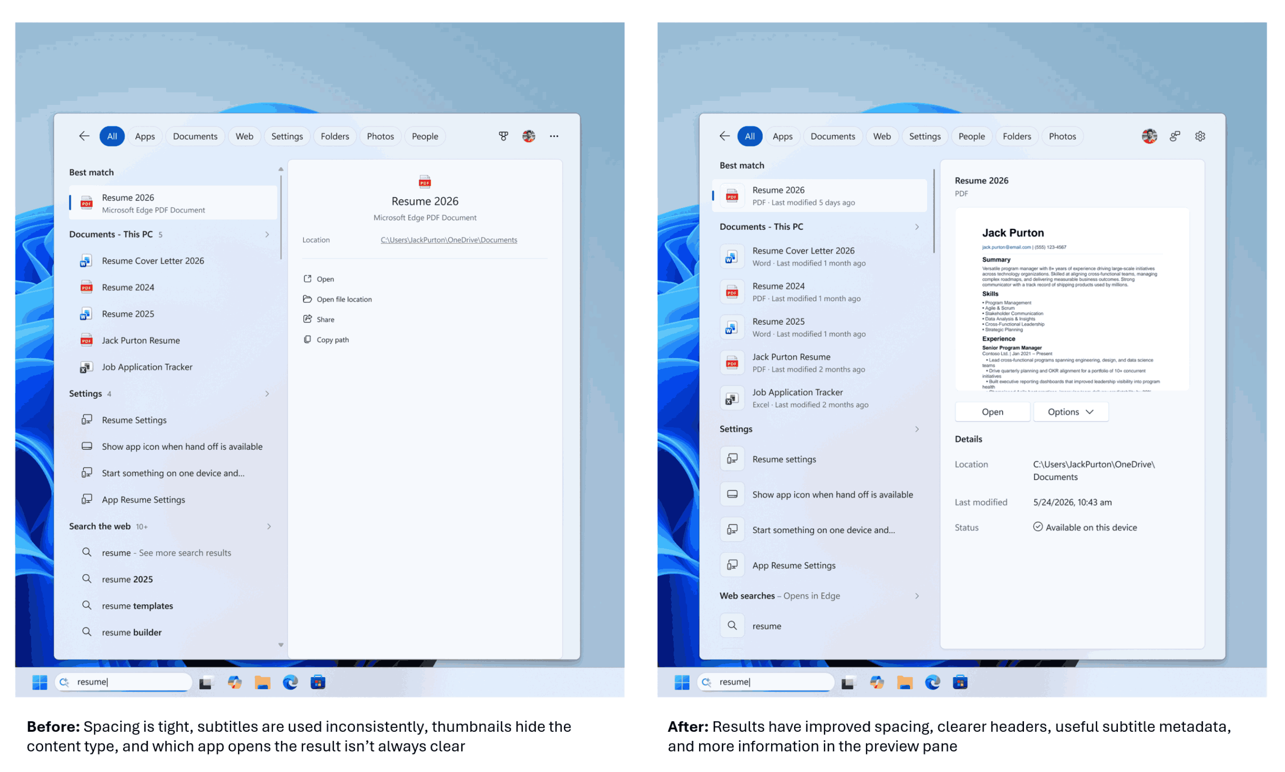 تعلن مايكروسوفت عن تحسينات في Windows Search ضمن Windows 11 لجعل البحث أسرع وأكثر وضوحاً وتقليل التشتيت، مع دعم نتائج محلية أعلى وتخفيف