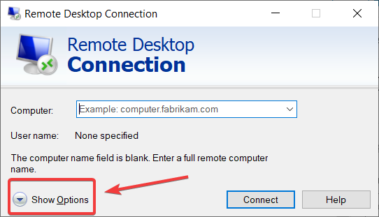 show options remote desktop connection