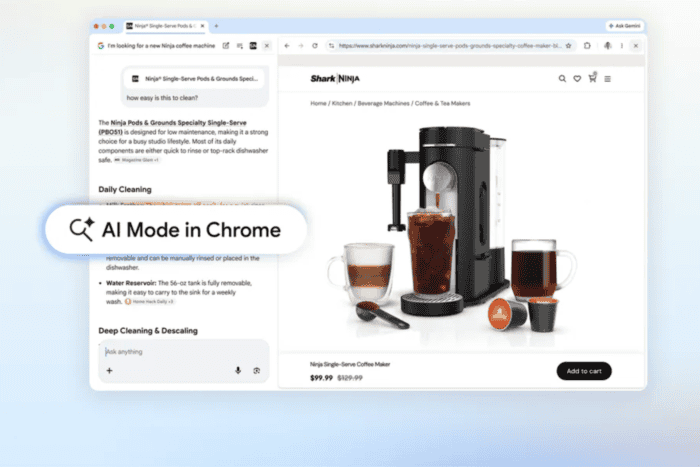 كروم يختبر اختصاراً لإدارة اتصال وضع Google Search AI Mode مع تطبيقات Google Workspace في إصدار Canary