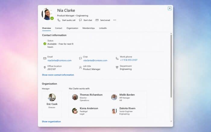 outlook people card