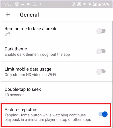 YouTube picture in picture not working