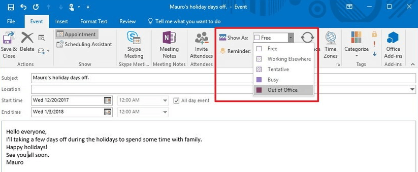 Out of Office status