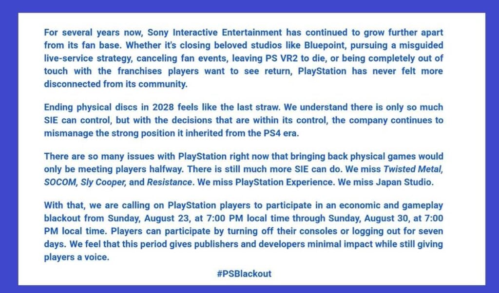 تتصاعد العوامل الاحتجاجية بين جمهور PlayStation ضد خطط سوني لإلغاء الأقراص الفيزيائية، مع توقيع عريض من المعجبين وتوجيه حملة #PSBlackout