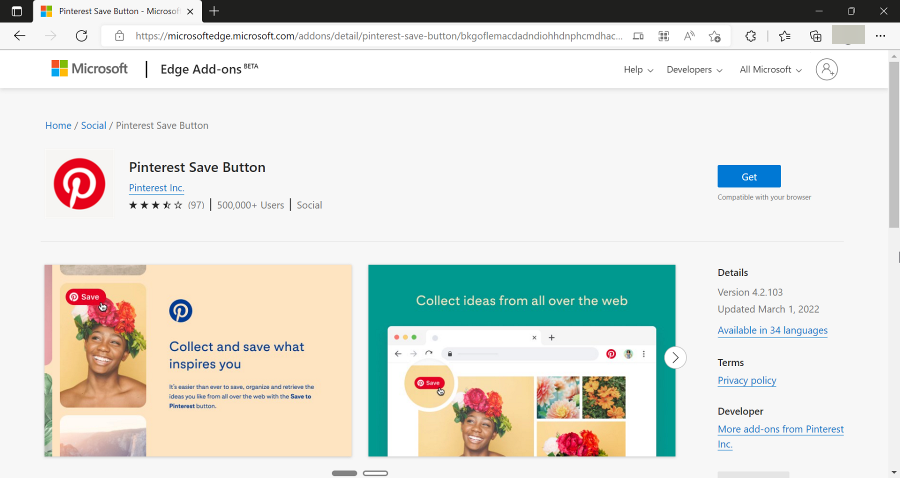 pinterest save button edge extension