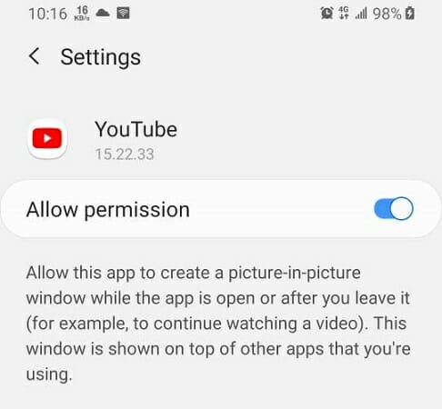 YouTube picture in picture not working